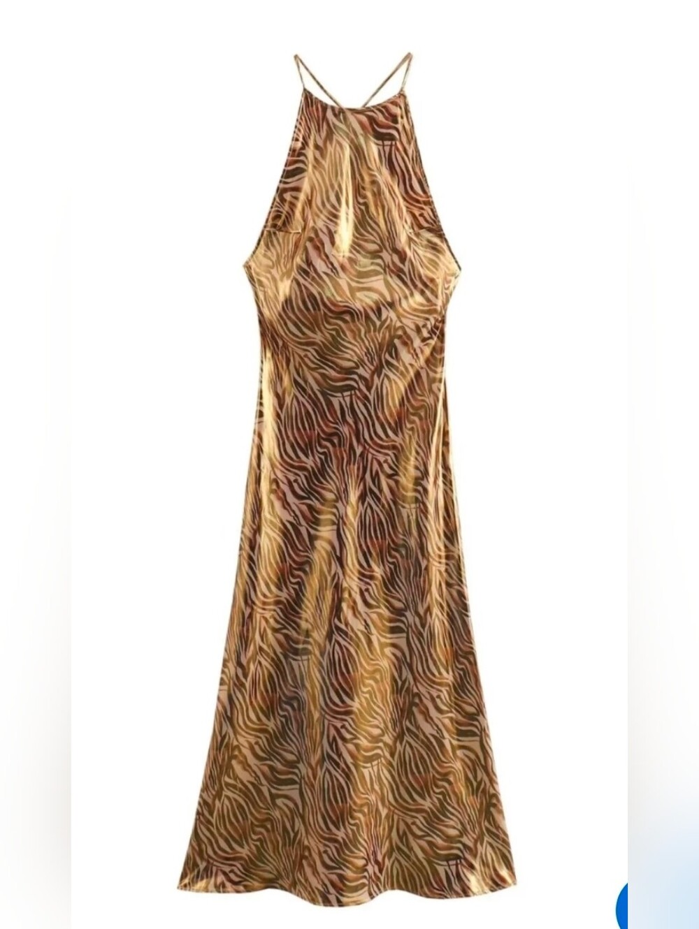 Zara Strappy Maxi Dress in Gold Foil Zebra Print Halter Back Size S